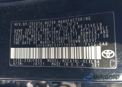 2025 Toyota Corolla Le from USA, damaged, VIN 5YFB4MDE0SP239289